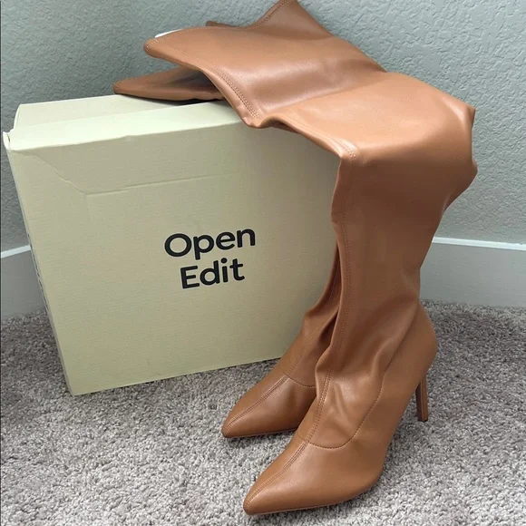 Open Edit EdKami Thigh High Over Knee Boots Stiletto Heels in Tan Mocha - Picture 1 of 5